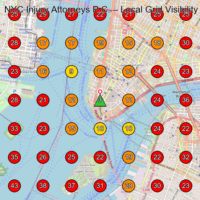 NYC Injury Attorneys P.C. GeoGrid visibility map for Personal Injury Attorney in New York